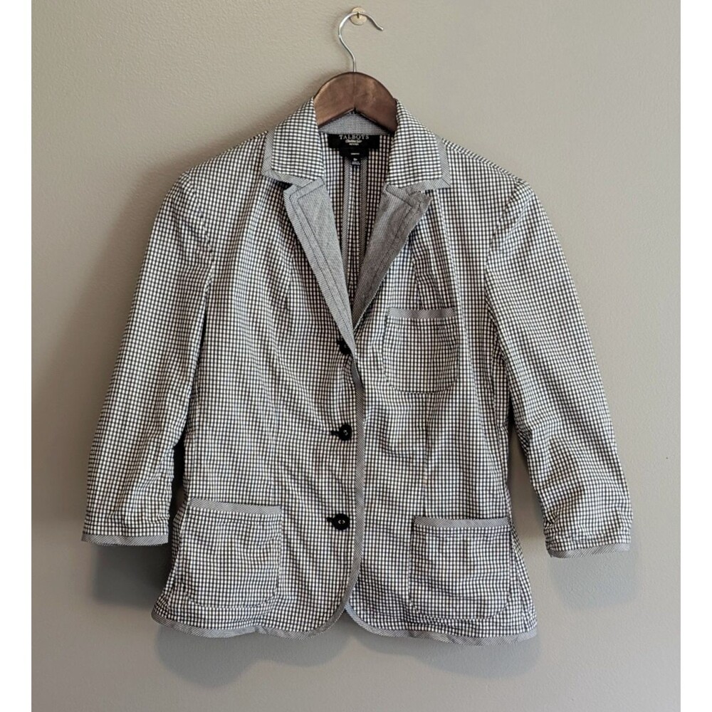 Talbots Petites Womens 8P Blazer Jacket Black White Gingham Plaid Stretch Career